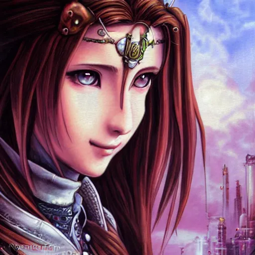 Image similar to a portrait painting of aerith from from final fantasy 7 with the steam punk city midgard as backdrop by master artist yoshitaka amano