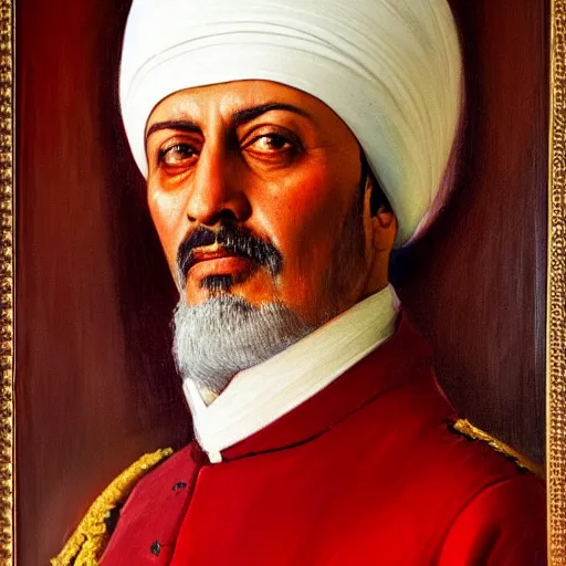Prompt: Oil Painting of Recep Tayyib Erdoğan as Sultan Süleyman, red Oval Turban, close-up, very detailed facial features, by Osman Hamdi Bey