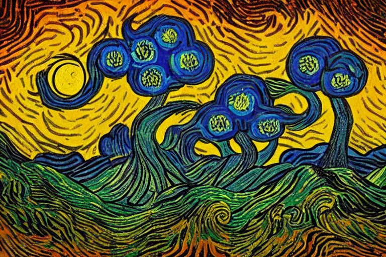 Prompt: baroque psychedelic mushroom under the moon Van Gogh style