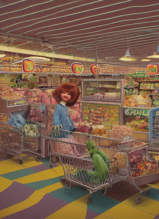 Prompt: highly detailed wide - angle, portrait of a 1 9 6 0 s retro supermarket, unreal engine, nicoletta ceccoli, mark ryden, earl norem, lostfish, global illumination, detailed and intricate environment