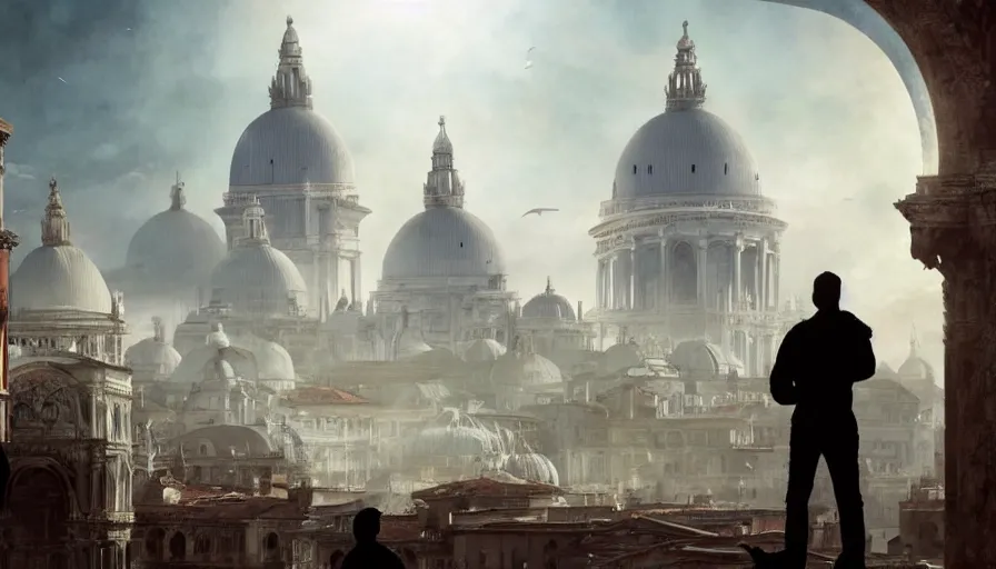Prompt: silhouette of a man wearing white robe overlooking a giant alien ufo high tech spaceship eerily hovering on italy venice city landscape with beautiful temples by greg rutkowski, artgerm, ross tran, magali villeneuve, intricate, time travel theme, audince in awe, spectacle, audience sorrounding, award winning, octane render, masterpiece, 8 k, beautiful