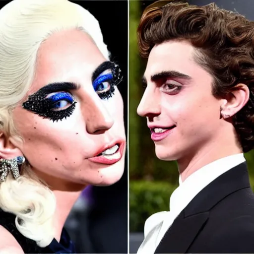 Image similar to timothee chalamet and lady gaga meet eachother, highly beautiful faces, highly detailed