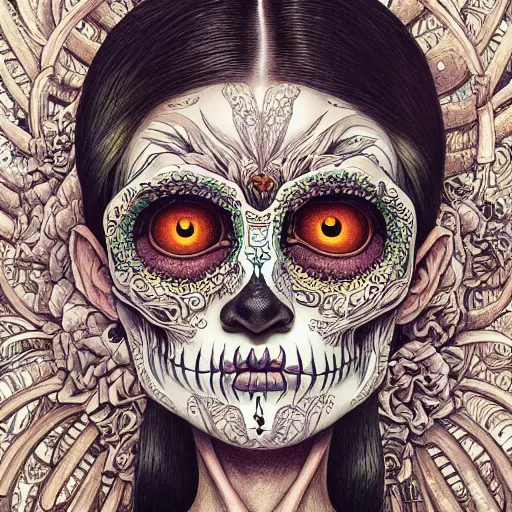 Image similar to beautiful portrait painted in jacek yerka and aykut aydogdu style drawn by vania zouravliov and takato yamamoto, inspired by dia de los muertos, intricate acrylic gouache painting, high detail, sharp high detail, artstation, manga and anime