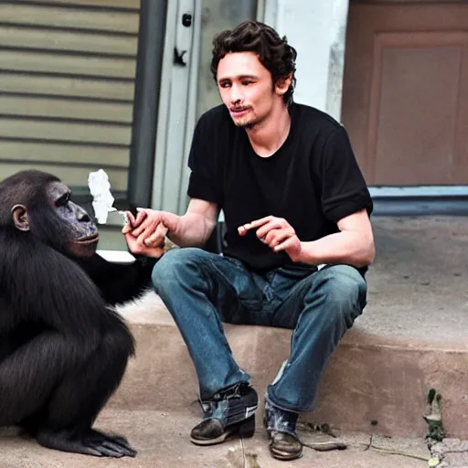 Image similar to james franco smoking a joint with an ape, award winning photography