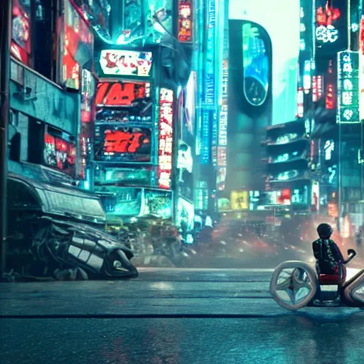 Image similar to spawn riding a tricycle in a neotokyo street, cyberpunk, movie still, 4 k