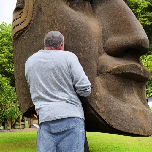 Image similar to a man hugging a giant moai statue