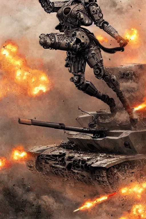 Prompt: a cyborg woman leaping onto a wwi tank and smashing it, on a battlefield, smoke, fires, explosions, in the style of noriyoshi ohrai, close - up, low angle, wide angle, cinematic, hyper - realistic, highly detailed digital art