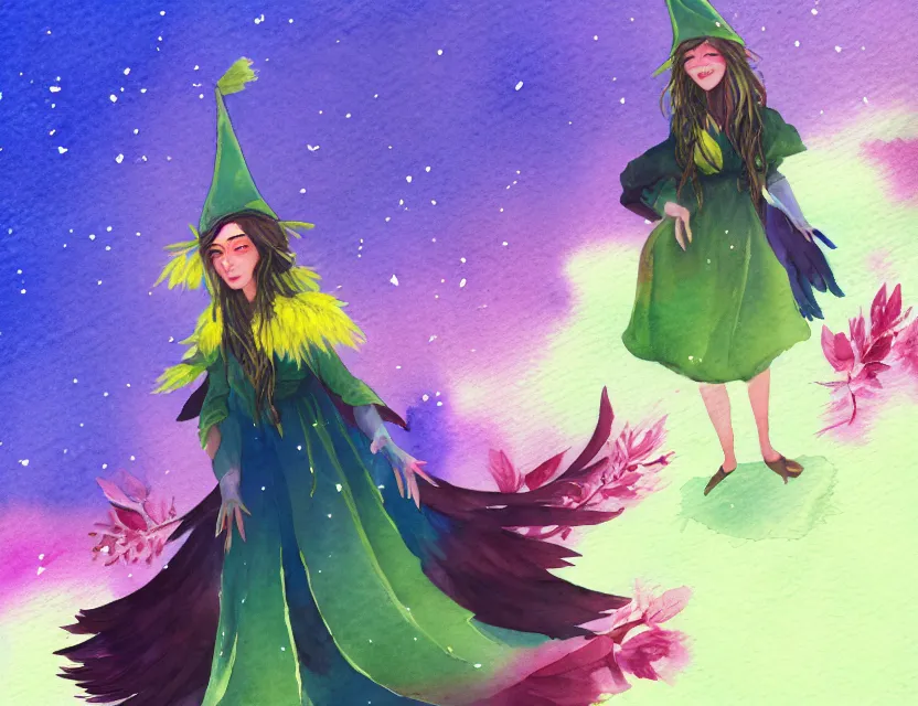 Prompt: bird witch girl in the flowering snowy mountains. complementary colors, watercolor, indie concept art, luminescent, bloom, 4 k, chiaroscuro, backlighting.