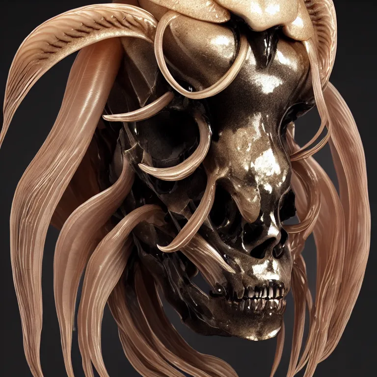 Image similar to goddess princess face close-up portrait ram skull. sculpture made of polished gold and matte obsidian. jellyfish phoenix head, nautilus, orchid, skull, betta fish, bioluminiscent creatures, intricate artwork by Tooth Wu and wlop and beeple. octane render, trending on artstation, greg rutkowski very coherent symmetrical artwork. cinematic, hyper realism, high detail, octane render, 8k