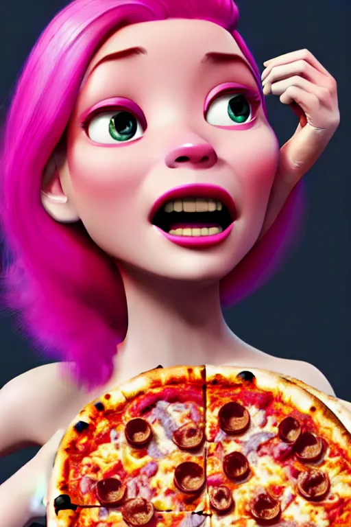 Image similar to pixar man with pink hair eating pizza | glamorous oily soft polished rich ornate modern | weta disney pixar movie still photo | hi - fructose, sci fi fantasy, smooth, octane render, sharp focus, artstation, concept art | artgerm, mucha, rutkowski, feng zhu, wlop, loish