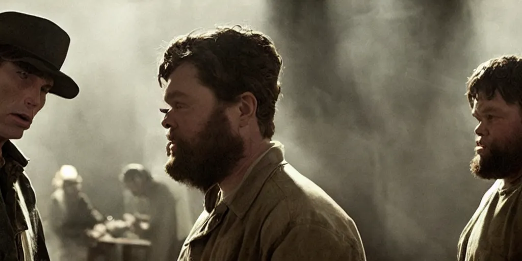 Image similar to ( ( rugged bandit cillian murphy ) ) & ( ( fat orson welles ) ). volumetric lighting, cinematic, dark, grim. directed by coen brothers.