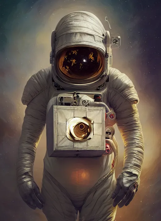 Prompt: portrait of an astronaut in a space suit holding a magical box, d & d, heartstone, digital painting, volumetric light, intricate, sharp, focus, bloom, illustration, highly detailed, concept art, matte, ruan jia, randy vargas, greg rutkowski
