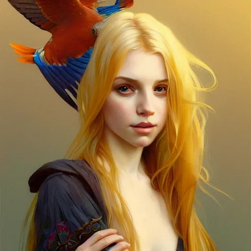 Image similar to portrait of a young blonde alternative girl with a parrot, upper body, long hair, intricate, elegant, highly detailed, digital painting, artstation, concept art, matte, sharp focus, illustration, art by artgerm and greg rutkowski and alphonse mucha