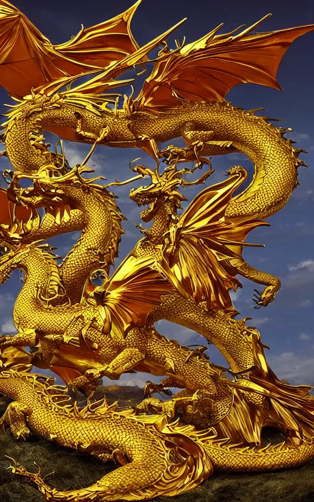 Image similar to a true photographic landscape and an unrivalled reality ， depicting a golden dragon