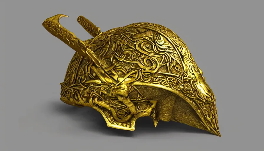 Image similar to viking amulet made from gold, dragon helmet, photorealistic render