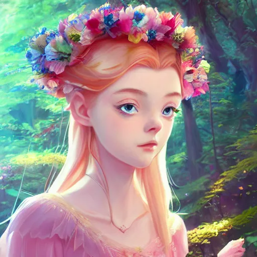 Image similar to portrait of elle fanning as princess aurora, wearing a flower crown, mystical forest background, rich vivid colors, ambient lighting, dynamic lighting, 4k, official media, anime key visual, makoto shinkai, ilya kuvshinov, lois van baarle, rossdraws, detailed, trending on artstation