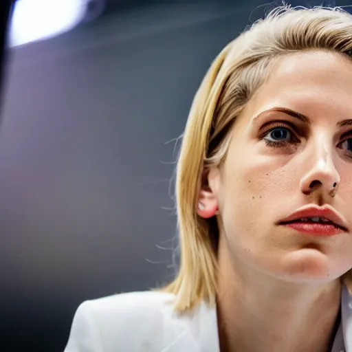 Image similar to press photo of annie leonhart on g 7 summit standing with other g 7 members, press conference, zeiss 1 5 0 mm, sharp focus, natural lighting, ultra realistic, high definition 4 k photo, g 7 summit press photos