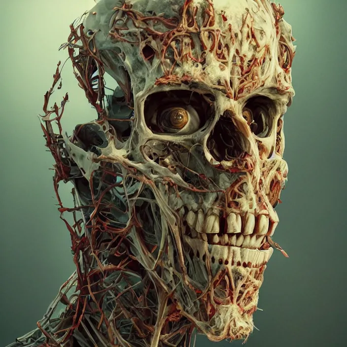 Image similar to portrait of Ryan Reynolds as a skeleton. intricate abstract. intricate artwork. nightmare fuel. by Tooth Wu, wlop, beeple, dan mumford. octane render, trending on artstation, greg rutkowski very coherent symmetrical artwork. cinematic, hyper realism, high detail, octane render, 8k, iridescent accents