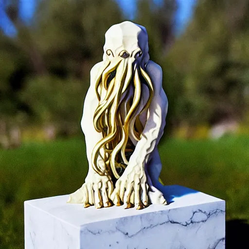 Image similar to cthulhu sculpture, white marble and gold