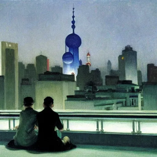 Image similar to a small rooftop with a couple of people sitting and watching the view, modern shanghai bund is on the background, night, by edward hopper, by gregory crewdson