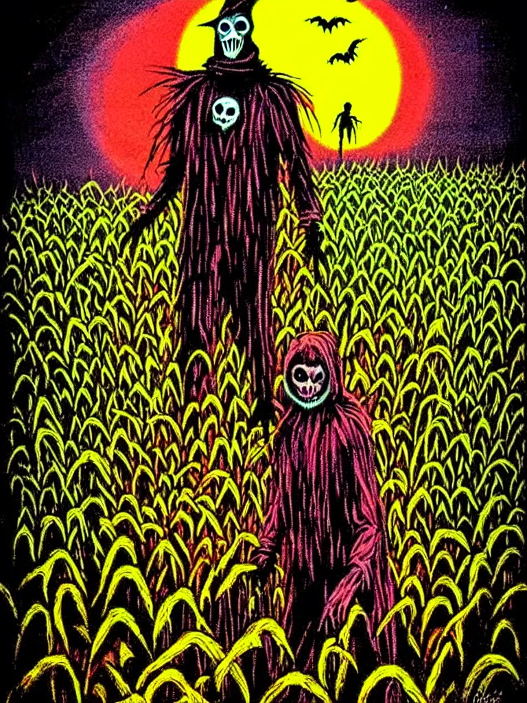 Prompt: Vibrant Colorful Vintage Horror Illustration of a Dark Scarecrow in a Corn Field at night. Glowing , Spooky lighting , Pinterest