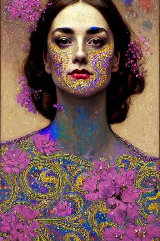 Prompt: allover painting face portrait of elegantly beautiful, sophisticated victoria exhalted queen of advanced mathematics, iridescent corvus, intricate automatism, baroque, batik, ben - day dots by, norman rockwell, range murata jeremy lipking, trending on pinterest, stunning 8 k, sharp depth of field, pristine global illumination, circuit bent synthesis.