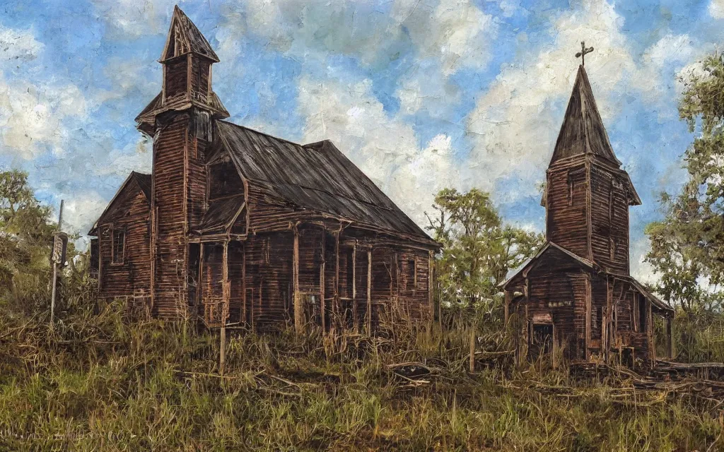 Image similar to an old wooden church rotting away in the bayou, realistic, oil painting, dynamic composition, ultra detailed