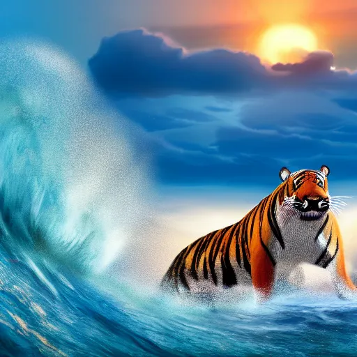 Image similar to a closeup photorealistic photograph of a smiling cute tiger hippopotamus riding a large wave during sunset. surf in the background. professional capture. brightly lit scene. this 4 k hd image is trending on artstation, featured on behance, well - rendered, extra crisp, features intricate detail, epic composition and the style of unreal engine.