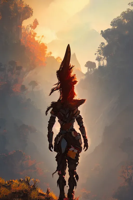 Image similar to combination suit armor aloy horizon forbidden west horizon zero dawn radiating a glowing aura global illumination ray tracing hdr fanart arstation by ian pesty and alena aenami artworks in 4 k tribal robot ninja mask helmet backpack