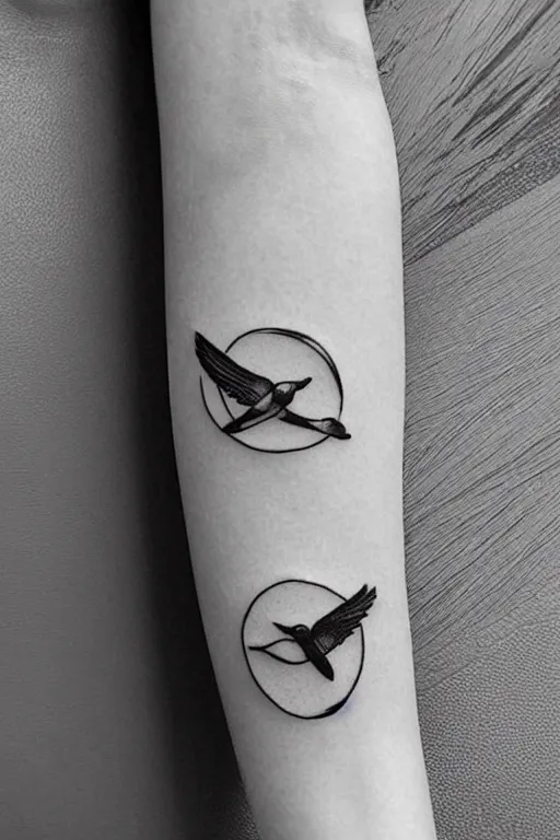 Image similar to a beautiful tattoo design of minimalist swallows flying into spherical lines and simple basic shapes, black ink, abstract logo, line art