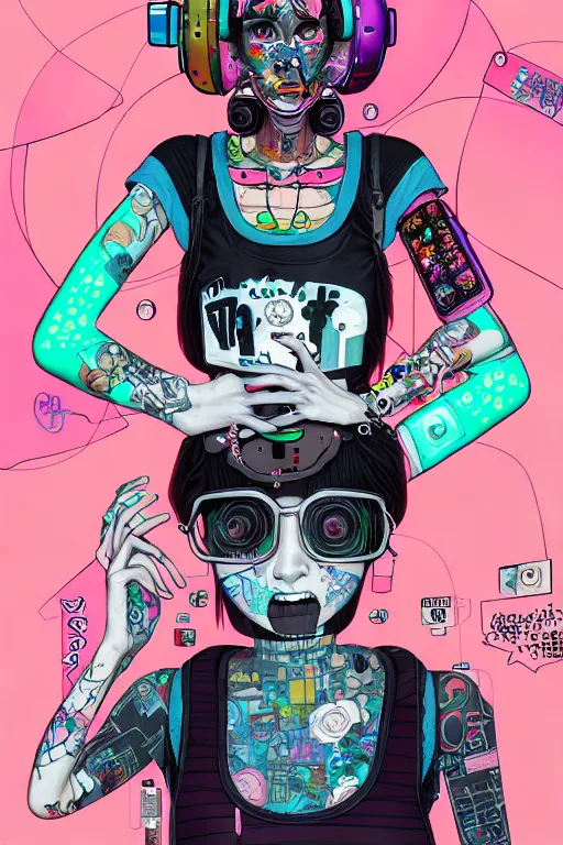 Image similar to full view, from a distance, of anthropomorphic trashcan who is cyberpunk girl, style of yoshii chie and hikari shimoda and martine johanna, highly detailed