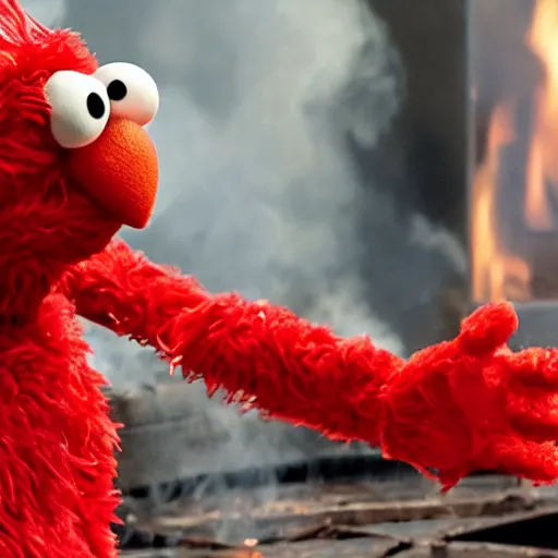 Image similar to elmo from the sesame street committing arson