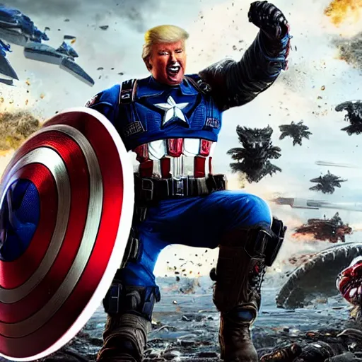 Image similar to portrait of donald trump as captain america in gears of war, splash art, maga, patriot, movie still, cinematic lighting, dramatic, glowing, ray tracing, octane render, long lens, shallow depth of field, bokeh, anamorphic lens flare, 8 k, hyper detailed, 3 5 mm film grain