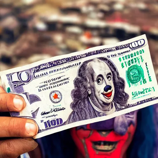 Image similar to A clown holding a dollar banknote, background is a slum, cinematic, epic, highly-detailed, photo realistic