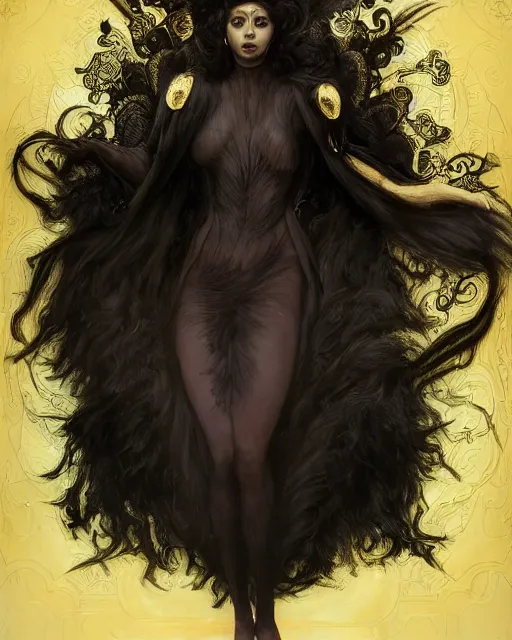 Prompt: a portrait of black furry shadow nightmare monster and human hybrid, long black velvet gown, gold necklaces, illustration, dramatic lighting, soft details, painting oil on canvas, art nouveau, octane render, HDR, 4k, 8k, HD, by Edmund Blair Leighton, Brom, Charlie Bowater, trending on artstation, Tom Bagshaw, faces by otto Schmidt