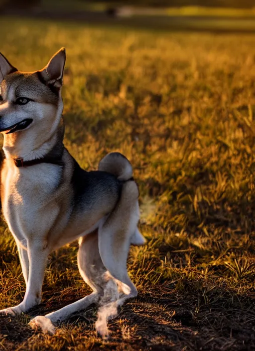 Image similar to photo of Shibu Inu smoking, 35mm, f/1.4, Golden Hour light, ,