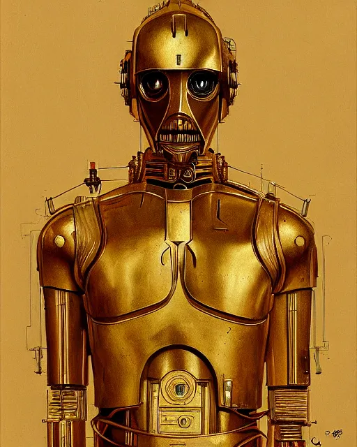 Prompt: portrait of c - 3 po by greg rutkowski in the style of egon schiele