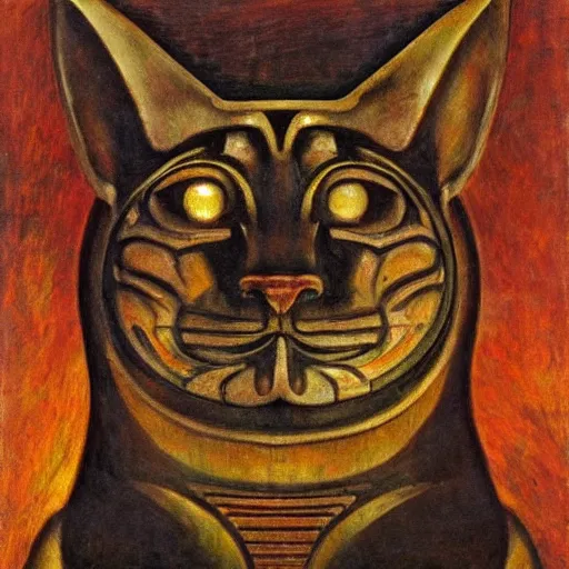 Prompt: masterpiece painting of an ancient bronze sculpture of a mechanical cat head, by annie swynnerton and diego rivera and nicholas roerich and jean delville, symbolist, dramatic lighting, god rays, elaborate geometric ornament, art brut, rich colors, smooth sharp focus, extremely detailed, adolf wolfli