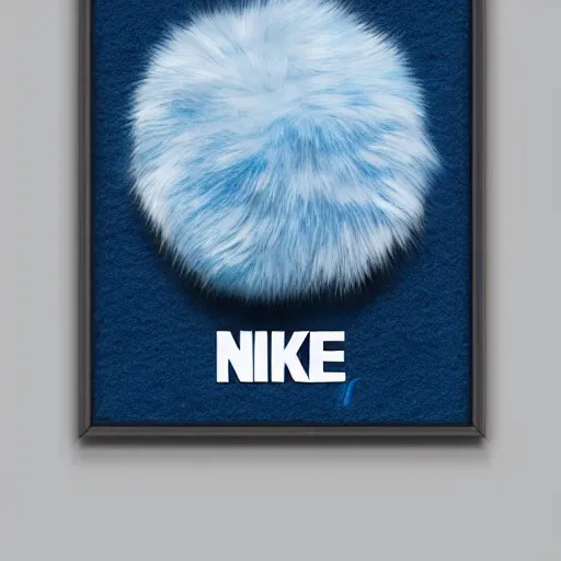 Prompt: nike logo made of very fluffy blue faux fur placed : : on reflective surface, nike logo, professional advertising, overhead lighting, heavy detail, realistic by nate vanhook, mark miner