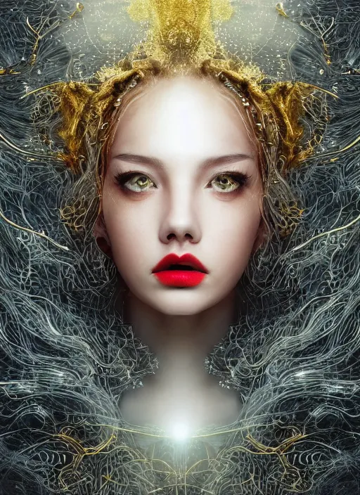 Prompt: glowing silver and golden elements, full close-up portrait, young female model from shutterstock as a dark witch, book cover, green forest, white moon, red lips, establishing shot, extremly high detail, photo-realistic, cinematic lighting, pen and ink, intricate line drawings, by Yoshitaka Amano, Ruan Jia, Kentaro Miura, Artgerm, post processed, concept art, artstation, matte painting, style by eddie, raphael lacoste, alex ross