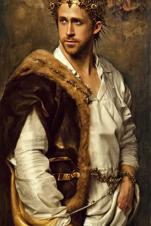 Prompt: Gorgeous full-body renaissance portrait of Ryan Gosling as a king of fantasy kingdom with Crown of thorns on his head, front view, gold, artstation, very beautiful, luxurious, impressive, soft light, dazzling, divine, elegant, by Anthony van Dyck and Daniel Gerhartz