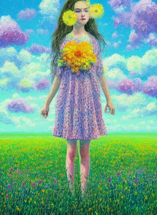 Image similar to girl with flower dress, standing in a field with flowers in the air, hills, big trees, sunrise dramatic light, impressionist painting, colorful clouds, digital painting, pointillism, artstation, simon stalenhag, flower head