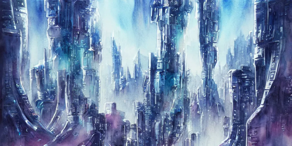 Image similar to futuristic city, exquisite masterpiece watercolor painting, trending on artstation