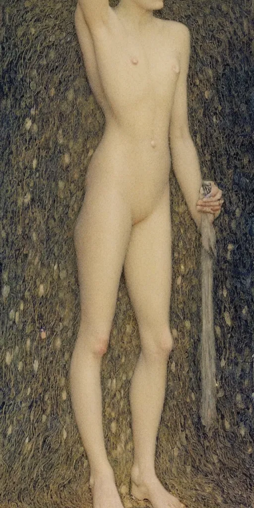 Image similar to Say who is this with silver hair so pale and Wan and thin? in the style of Jean Delville, Lucien Lévy-Dhurmer, Fernand Keller, Fernand Khnopff, oil on canvas, 1896, 4K resolution, aesthetic, mystery