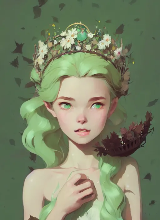 Image similar to portrait of cute fairy girl with crown of flowers fantasy, by atey ghailan, by greg rutkowski, by greg tocchini, by james gilleard, by joe gb fenton, by kaethe butcher, dynamic lighting, gradient light green, brown, blonde cream and white color in scheme, grunge aesthetic