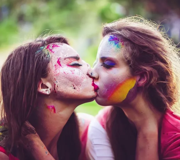 Image similar to close photo shot still of two womens rainbow painted lips kissing