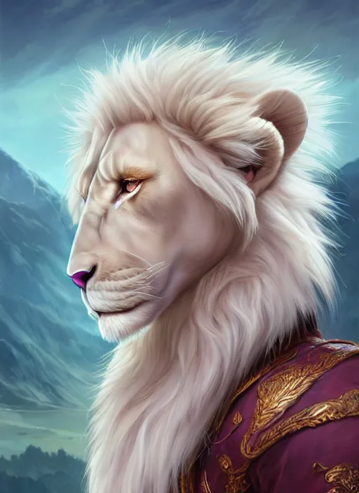 Image similar to aesthetic portrait commission of a of a male fully furry muscular anthro albino lion with a tail and a beautiful attractive hyperdetailed face wearing stylish and creative wearing Norwegian outfit in a sci-fi utopian city at golden hour while it sunshowers in the background. Character design by charlie bowater, ross tran, artgerm, and makoto shinkai, detailed, inked, western comic book art, 2021 award winning film poster painting