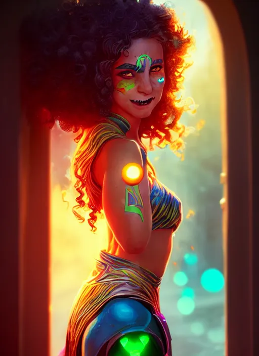 Image similar to an epic fantasy comic book style portrait painting of a girl wearing colorful makeup with a smile and curly brown hair stepping out of a doorway with light shining behind her, unreal 5, daz, hyperrealistic, octane render, cosplay, rpg portrait, dynamic lighting