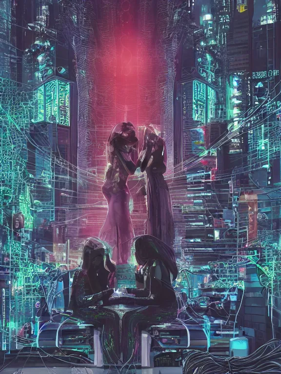 Prompt: a cyberpunk style illustration of two veiled female android queens kneel and pray with lots of complex mess of cables and wires behind them connected to giant computer,bowknot, fine lace, GUCCI, glittering, jewel embellishment, film lighting, by shibashake,Cedric Peyravernay,marie spartali Stillman,William Morris,Dan Mumford, trending on atrstation, full of color, mythological, high detailed,golden ratio,cinematic lighting