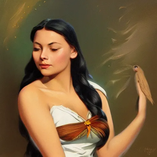 Image similar to portrait of a young pocahontas, bird, idian dress, dreamy and ethereal, expressive pose, peaceful expression, elegant, highly detailed, digital painting, artstation, smooth, sharp focus, by gil elvgren by harry ekham